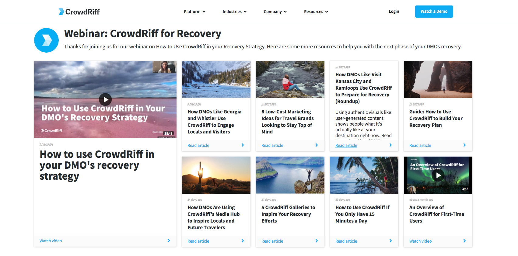Crowdriff Webinar Marketing Stream titled Crowdriff for recovery.