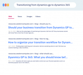 搜索控制台显示“过渡到dynamics gp到dynamics 365”正在输入