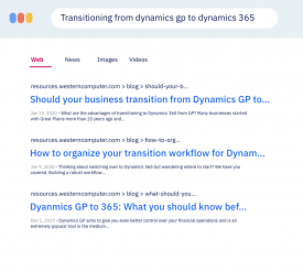 Search console showing 'Transitioning to dynamics gp to dynamics 365' being typed in