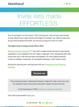 Blackbaud campaign email titled Invite lists made effortless.