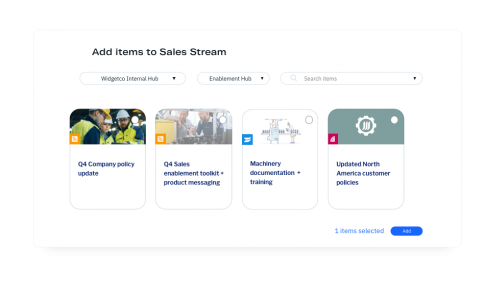 Uberflip app screen showing how to Add items to Sales Stream