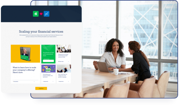 Two women looking at a laptop with an account based Marketing Stream titled Scaling your financial services.