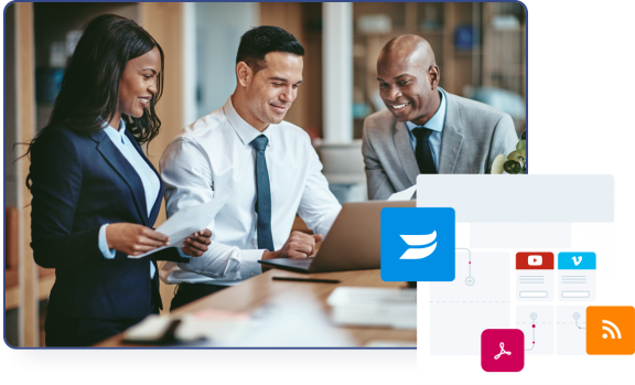 Abstract Marketing Stream highlighting content types with Wistia, Youtube, PDF and Blogger logos.