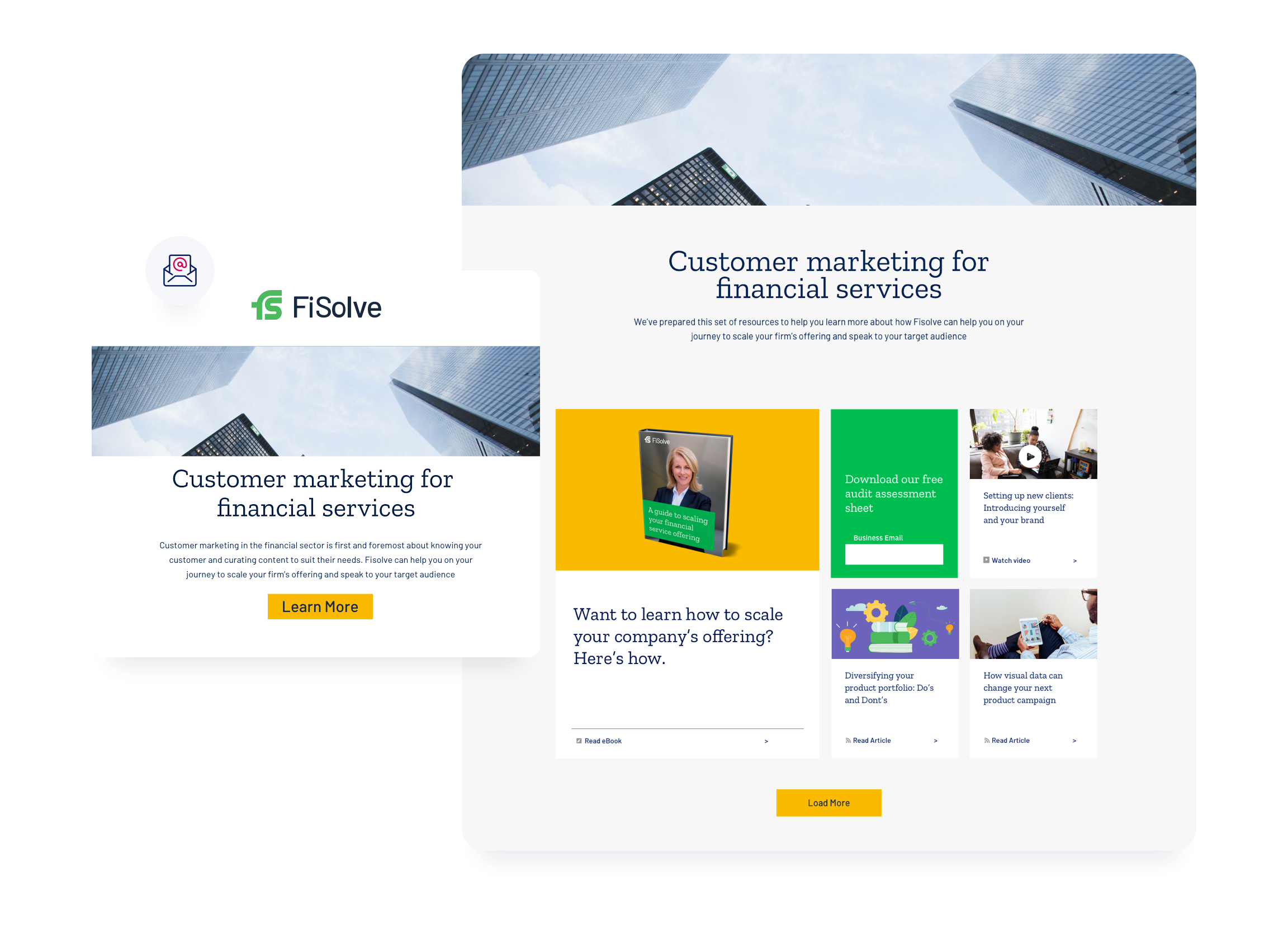 Fisolve email titled Customer marketing for financial services and Fisolve Marketing Stream.