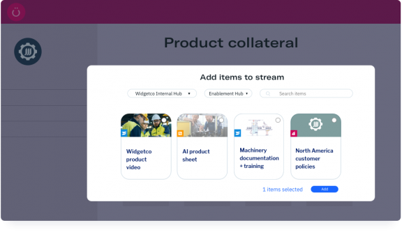 Uberflip app screen showing Add items to Stream pop up window.