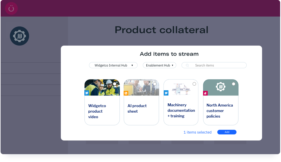 Uberflip app screen showing Add items to Stream pop up window.