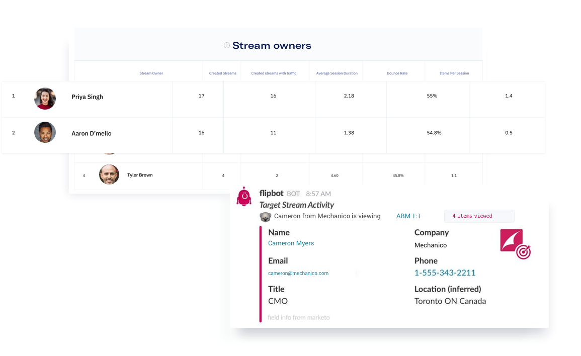 Uberflip Analytics screens showing Stream owners.