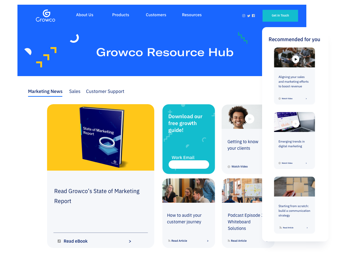 Growco Resource Hub with AI-powered recommendation panel
