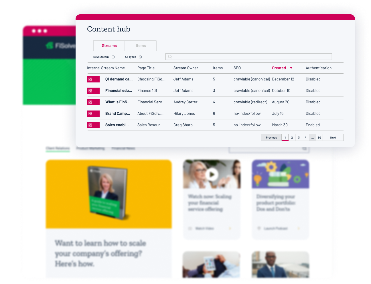 Screenshot of content hub being used for content management